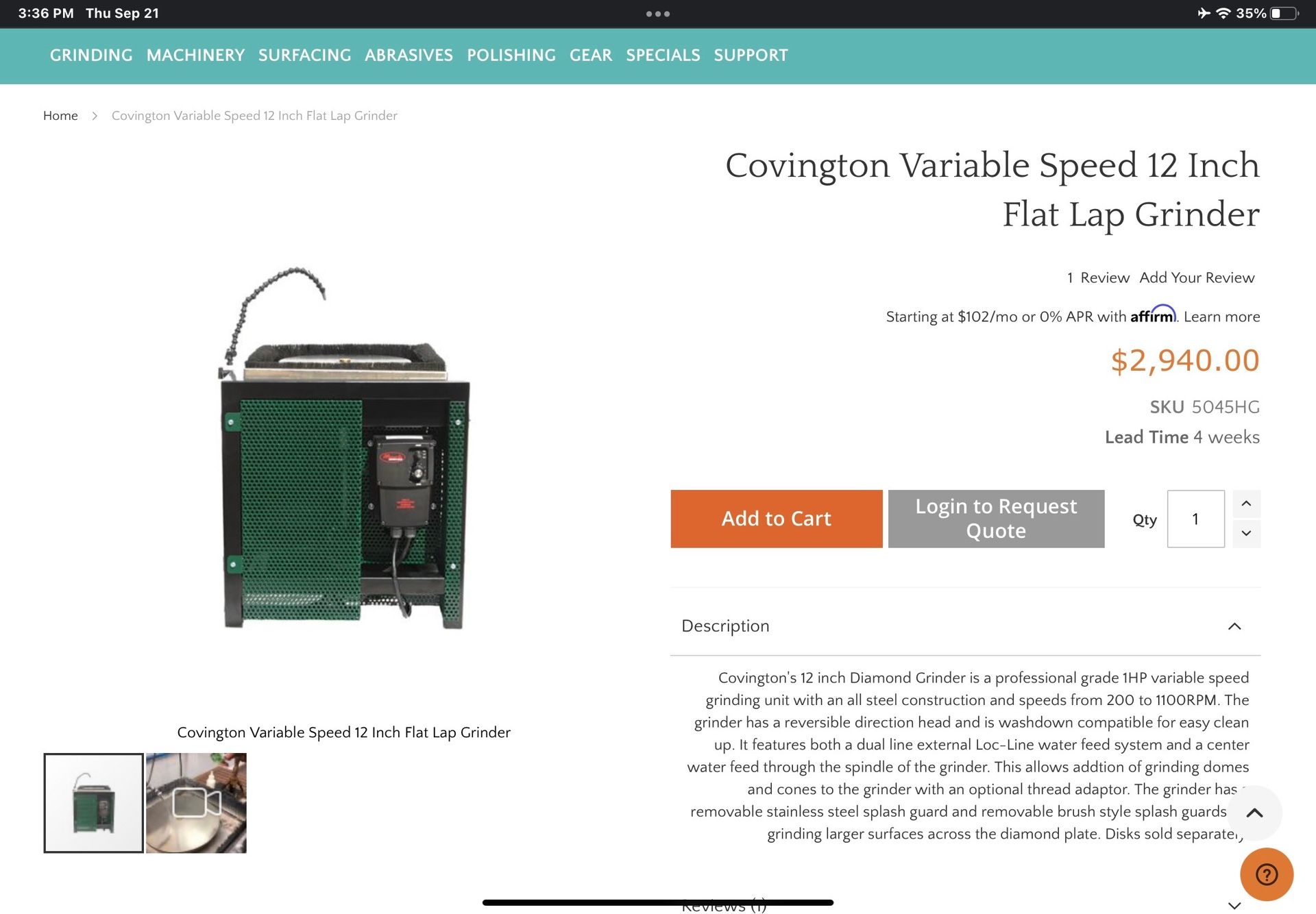 Covington Variable Speed 12 inch Flat Lap Grinder with Stand