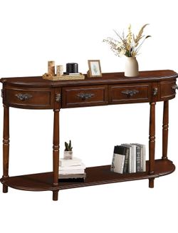 Retro Curved Console Table, 52" Half Moon Console Table Sofa Table Entryway Table with 2 Drawers 1 Open Shelf Solid Pine Legs for Living Room,Entryway