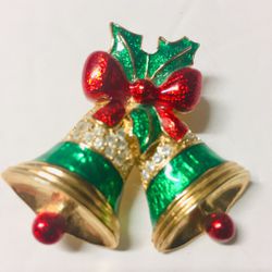 Beautiful Christmas Bell Pin Brooch Signed ROMAN Crystal Red Green Enamel BELLS