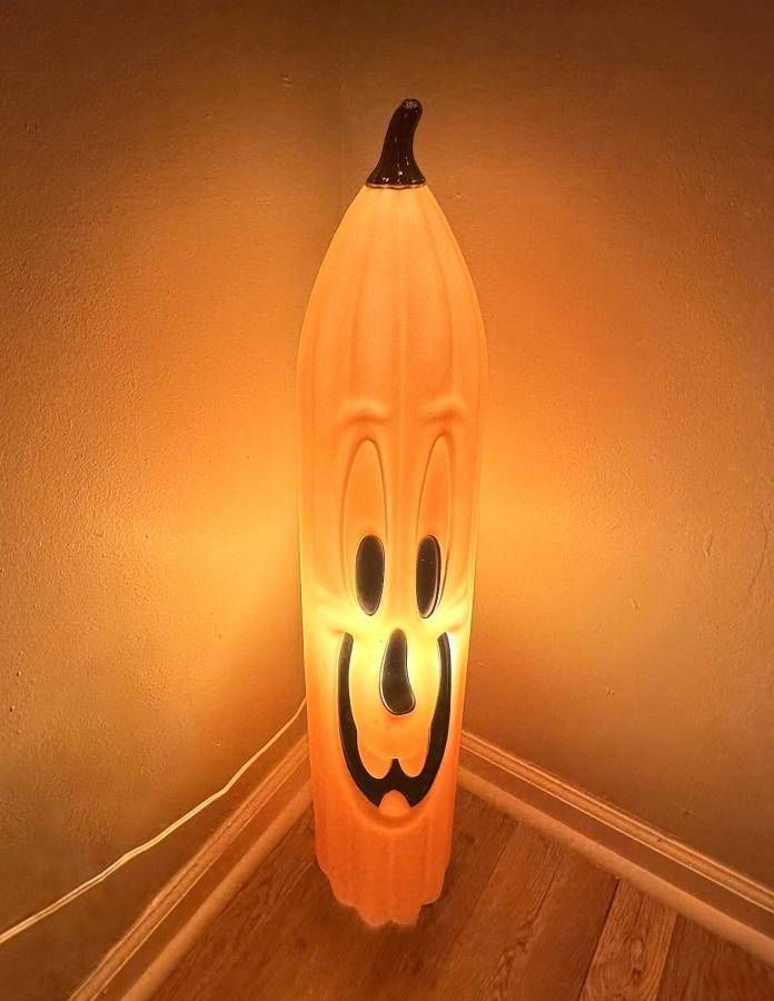 Vintage 36 Inch Tall Skinny Halloween Pumpkin Jack O Lantern Plastic Blow Mold Light Up Outdoor Yard Holiday Decoration Hang Or Stand By General Foam