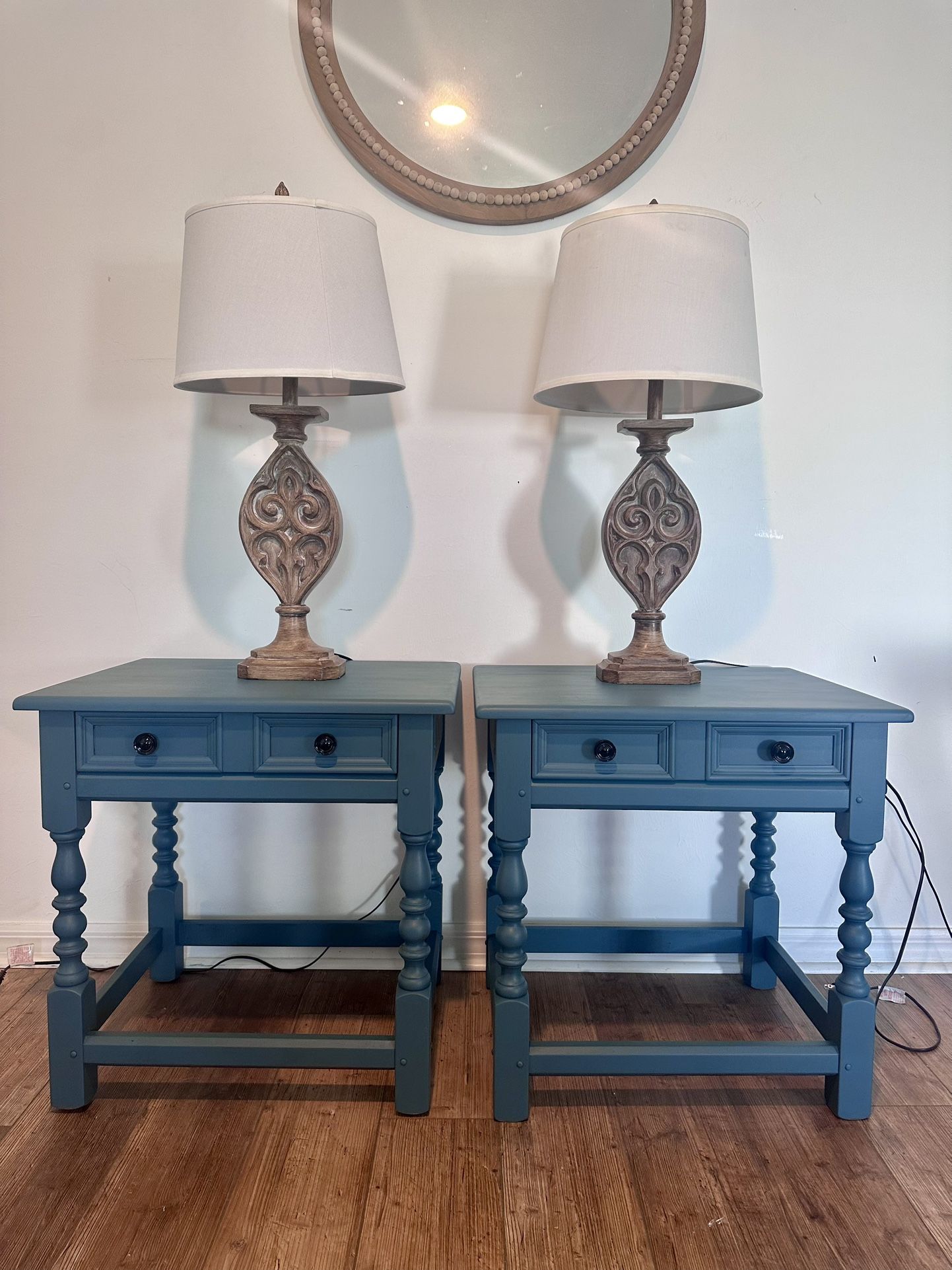 2 matching dark teal end tables