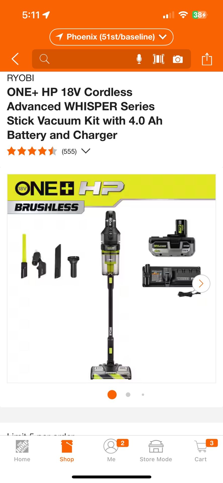 RYOBI ONE+ HP 18V Cordless Advanced WHISPER Series Stick Vacuum Kit with 4.0 Ah Battery and Charger