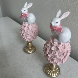 Easter Bunny Pink Floral Topiary Figurine Gold Pedestal Set Of 2