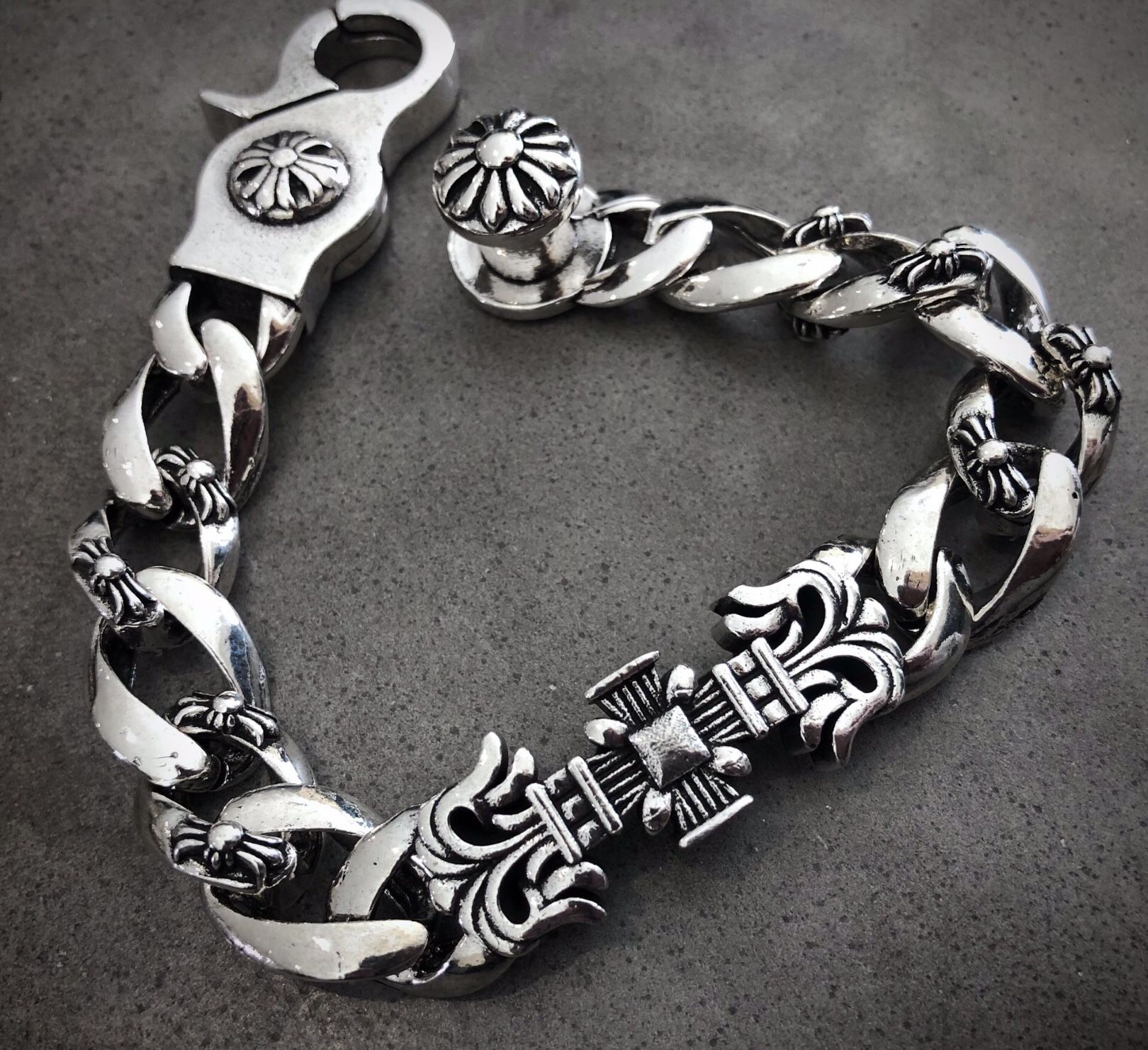 Chrome Silver Cross/Hearts/Star Men Chain Bracelet Trapstar G Streetwear mm6 CH Fleur D Lis