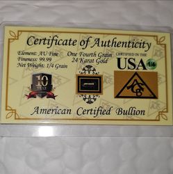 American Certified Bullion 1/4 Grain Gold Bar 99.99 Fine 24K w/ COA