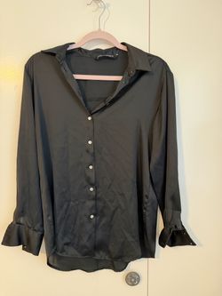 Black Satin Button-Down Blouse