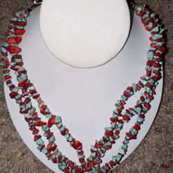Vintage Beautiful Coral & Turquoise 3 Strand Stone Necklace