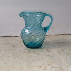Hand Blown Blue Swirl Bubble Glass Pitcher