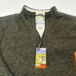 NWT Orvis Men's XXL Khaki Green 1/4 Zip Sherpa Lined Pullover Sweater Fleece