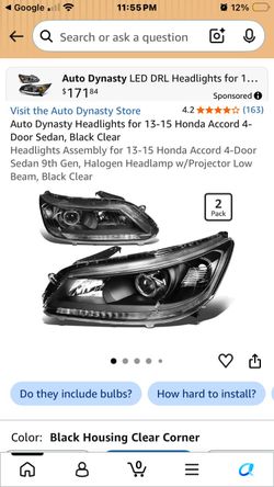 Auto Dynasty Headlights for 13-15 Honda Accord 4-Door Sedan, Black Clear Headlights Assembly for 13-15 Honda Accord 4-Door Sedan 9th Gen, Halogen Head