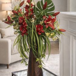 Large Elegant Silk Floral Arrangement with Copper Vase – Red Lilies Decor