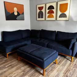 Macys Jollene - Mid-Century Modern Sectional Sofa w/ Ottoman 