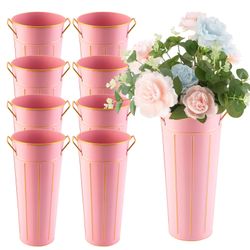 Galvanized Flower Bar Pink Buckets With Handles - Tin Metal Vase For Home Decor, Wedding Centerpiece, Table Decorations - Unbreakable Tall Vase For Fr