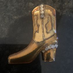 Vintage Cowboy Boot Pin Brooch Bronze Color W/ Rhinestones