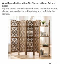 Wood 4-Panel Room Divider with 4-Tier Shelves