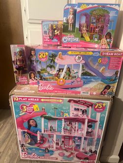 Barbie Dreamhouse, Dreamboat, Chelsea Treehouse , Fashionistas Doll with Purple Sequined Dress, Chelsea Travel Doll with Puppy, Makeup Artist Doll