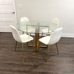 White Gold velvet Modern Glass Dining Set For 4