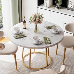 Round Dining Table, 47.24 Inch, Wooden Faux Marble with Gold Base, Circle Modern Small Table for Home Dining Room, Kitchen, Restaurant (White)