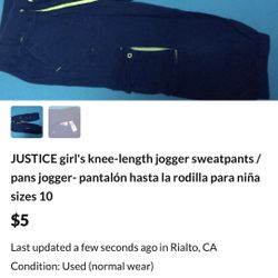 JUSTICE girl's knee-length jogger sweatpants / pans jogger- pantalón hasta la rodilla para niña sizes 10