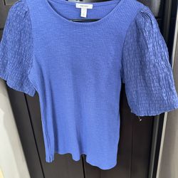 Nine West Blue Ribbed Puff Sleeve Top Size Medium