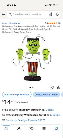 Halloween Frankenstein Wreath Decoration Kit (4 Pieces) Green Fits 14 Inch Wreath (Not Included) Spooky Halloween Decor Front Door