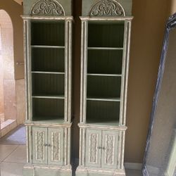 Carved Rustic Distressed Farmhouse Shelves Storage Cabinets Set of 2 Tuscan  Chippy Paint