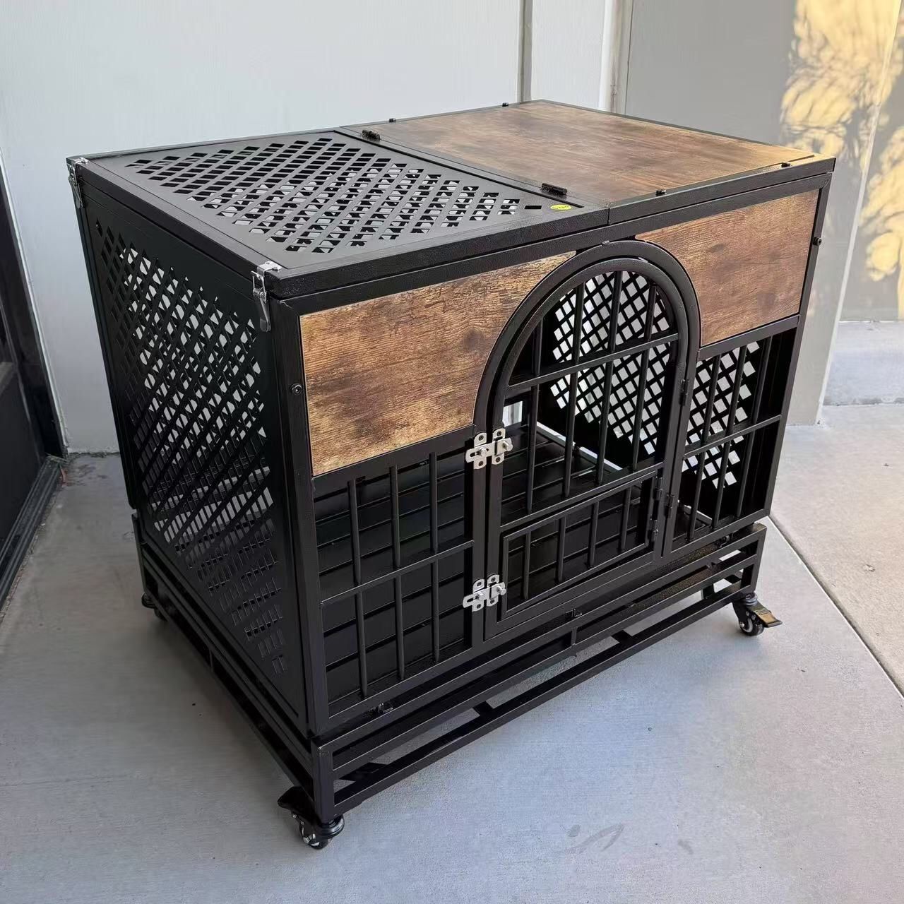 New In Box 35”Lx25”Dx33”H Heavy Duty Steel Metal Dog Cage Crate Kennel With Locking Wheels Top Opens Rustic Brown or Light Grey