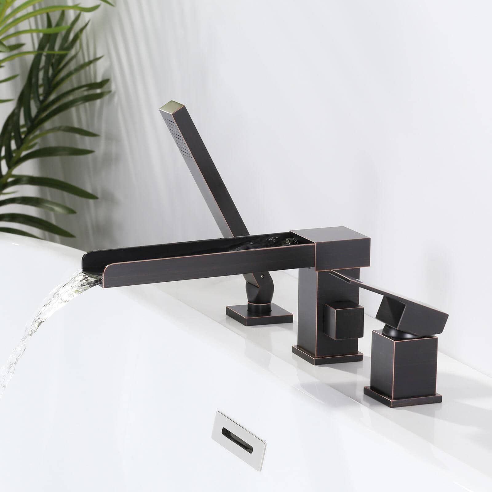 Wowkk Waterfall Roman Tub Faucet Black Deck Mount – Brass Bathtub Filler With Hand Shower, 6 GPM Flow, 360° Spout, 70.87" Hose