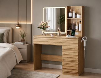 New Fluted Vanity Desk with HD Mirror and Lights, Wood Makeup Vanity Table  Makeup Desk with 4 Drawers & Open Shelves, Girls Vanity with Built-in Char