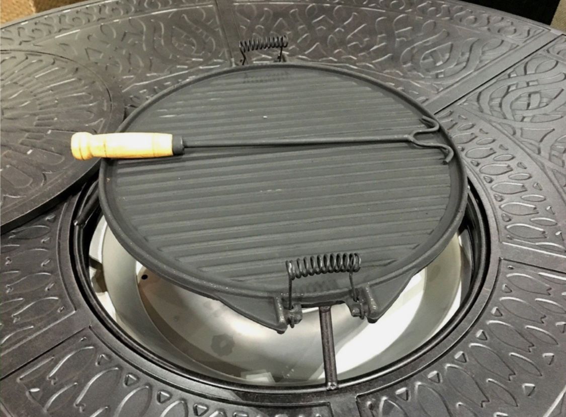 Propane fire pit outdoor grill table 6 Palm Tree swivel rockers with cushions.