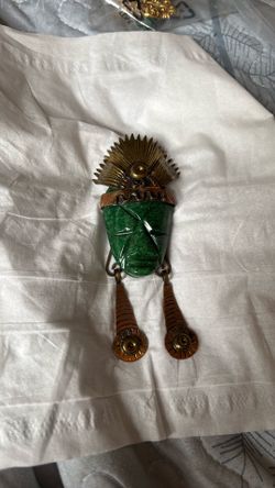 Maya Style Mexican Brass Copper Green Onyx Warrior Headdress Pin Brooch Pendant