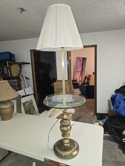 Brass Floor Lamp with Glass Table and Pleated Shade
