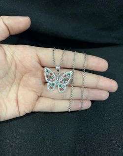 925 Sterling Silver Women Colorful CZ Butterfly Mariposa & Rolo Chain
