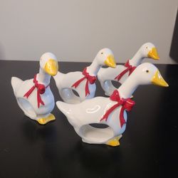 Set of 4 Vintage Fine Bone China Geese Napkin Rings With Red Bows