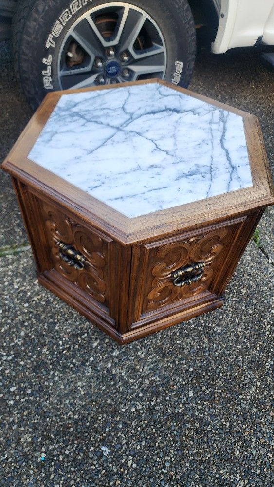 Vintage Marble Top Hexagon Side Table