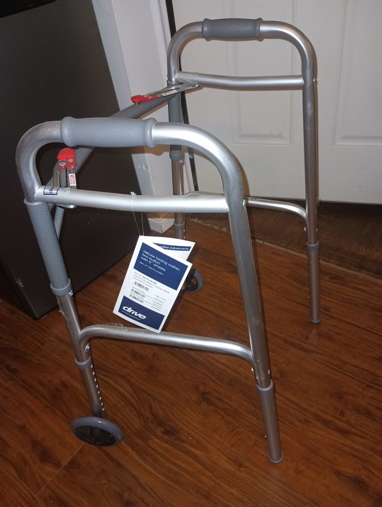 Drive Deluxe Folding Walker Two Button with 5" Wheels Rolling