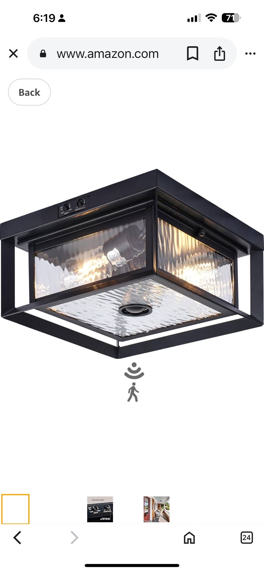 Motion Sensor Outdoor Ceiling Light - Industrial Style, Flush Mount, Dual Box Frame with Water Ripple Glass Design - Perfect for Porch, Garage, and En