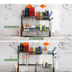Over The Sink (24"- 32.5" L) Dish Drying Rack (Expandable Dimension) Snap-On Design 2 Tier Kitchen Large Dish Drainer Counter Storage Organizer height