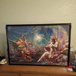 Framed "Dragon's Dream" Fairy And Her Dragon's Poster Print - Fantasy Mythical Magic By Adrian Chesterman 36" X 24"