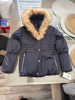 Navy Puffer Jacket with Faux Fur Hood