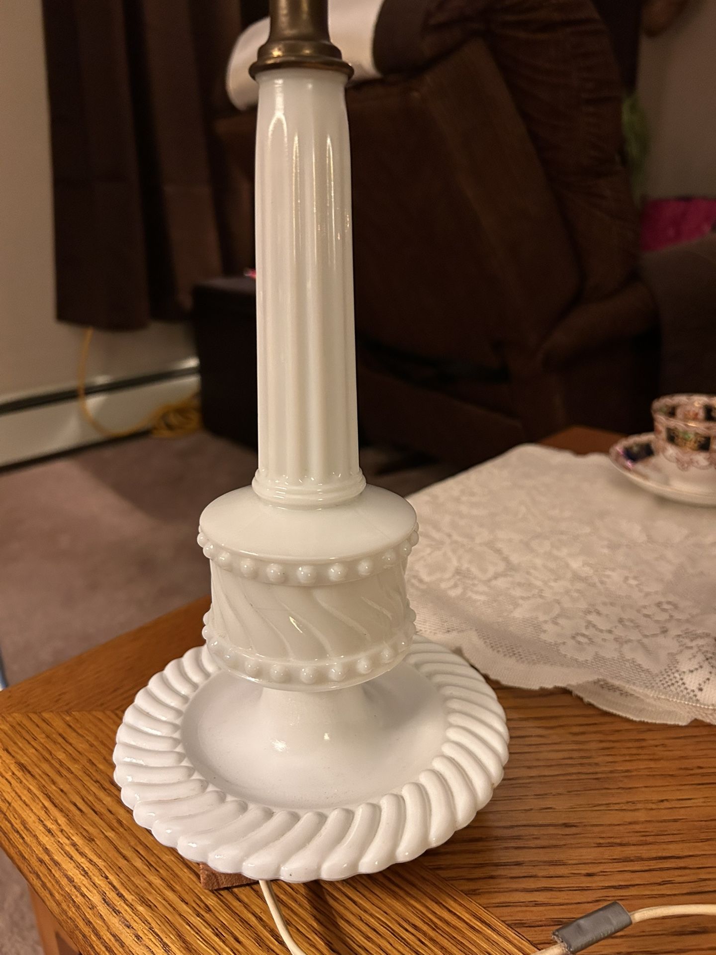 vintage white milk glass table lamp with a swirl or twist pattern, likely from the Mid-Century Modern era (around the 1960s)