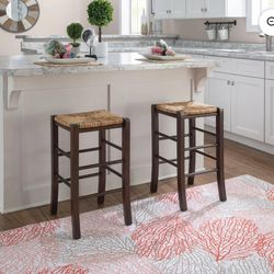Linon Ivica 24.4" Backless Counter Stools, Set of 2, Dark Walnut with Handwoven Rush Seat