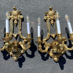 Pair of Vintage French Empire Brass Gold Tone 3 Arm 3 Light Candelabra Style Wall Sconces