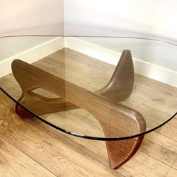Noguchi Style Glass Coffee Table – Sculptural Wood Base