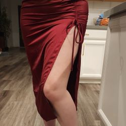 NEW Burgandy Satin Rouched Slit Skirt