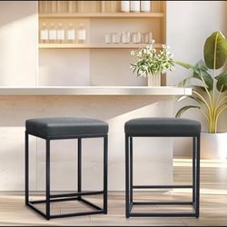 24 Inch Counter Height Bar Stools Set of 2, Upholstered Bar Stools for Kitchen Island, Counter Stools with Faux Leather Cushion and Sturdy Metal Frame