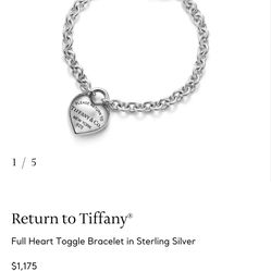 Return To Tiffany Full Heart Toggle Bracelet 925 Sterling Silver 6.5 -7” With Box