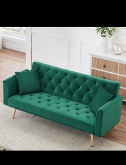 Modern Velvet Sofa Bed Futon, Convertible Sleeper Couch with Adjustable Backrest, Tufted Recliner Loveseat