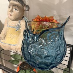 MCM MURANO Art Glass Blue OWL Hand Blown Vase Figurine Vintage 6.5”