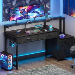 Computer Desk with 4 Drawers, 48 Inch Gaming Desk with Power Outlet, Office Desk with Monitor Shelf, Work Desk Table for Home Office, Black 